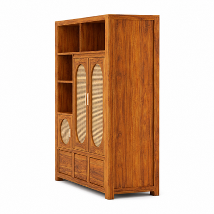 The RJ Art Sheesham Wood Bookshelf Cabinet with Cane Doors, Open Shelves and Storage Drawers