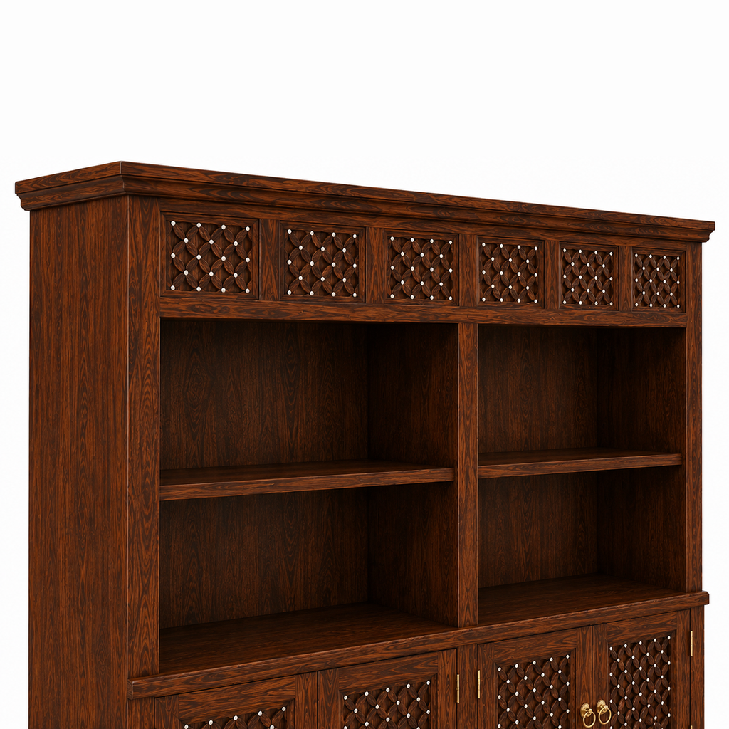 The RJ Art premium Sheesham wood bookshelf with six open display shelves, four-door storage cabinet, decorative handcrafted panels, and walnut finish.