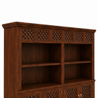 The RJ Art premium Sheesham wood bookshelf with six open display shelves, four-door storage cabinet, decorative handcrafted panels, and walnut finish.