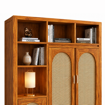 The RJ Art Sheesham Wood Bookshelf Cabinet with Cane Doors, Open Shelves and Storage Drawers