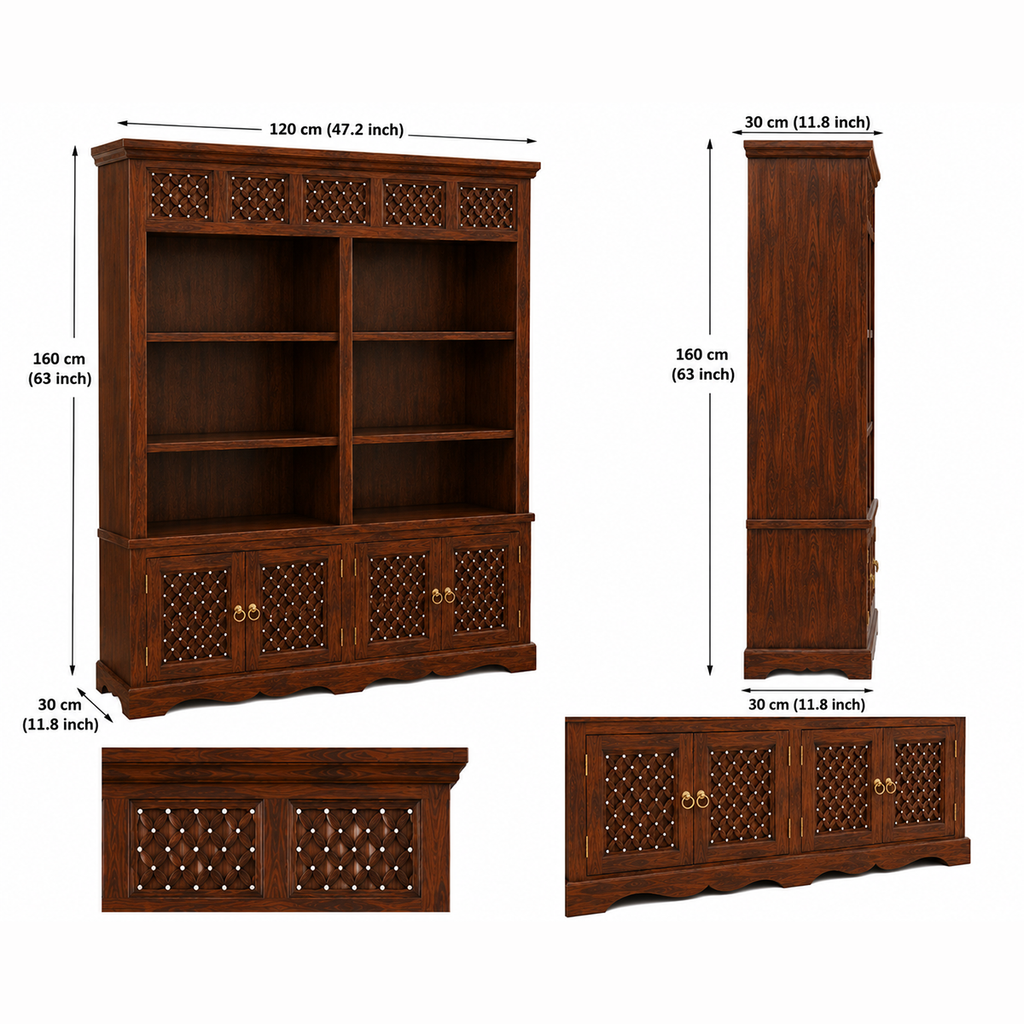The RJ Art premium Sheesham wood bookshelf with six open display shelves, four-door storage cabinet, decorative handcrafted panels, and walnut finish.
