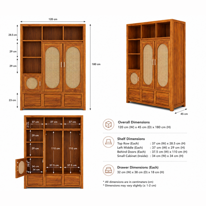 The RJ Art Sheesham Wood Bookshelf Cabinet with Cane Doors, Open Shelves and Storage Drawers