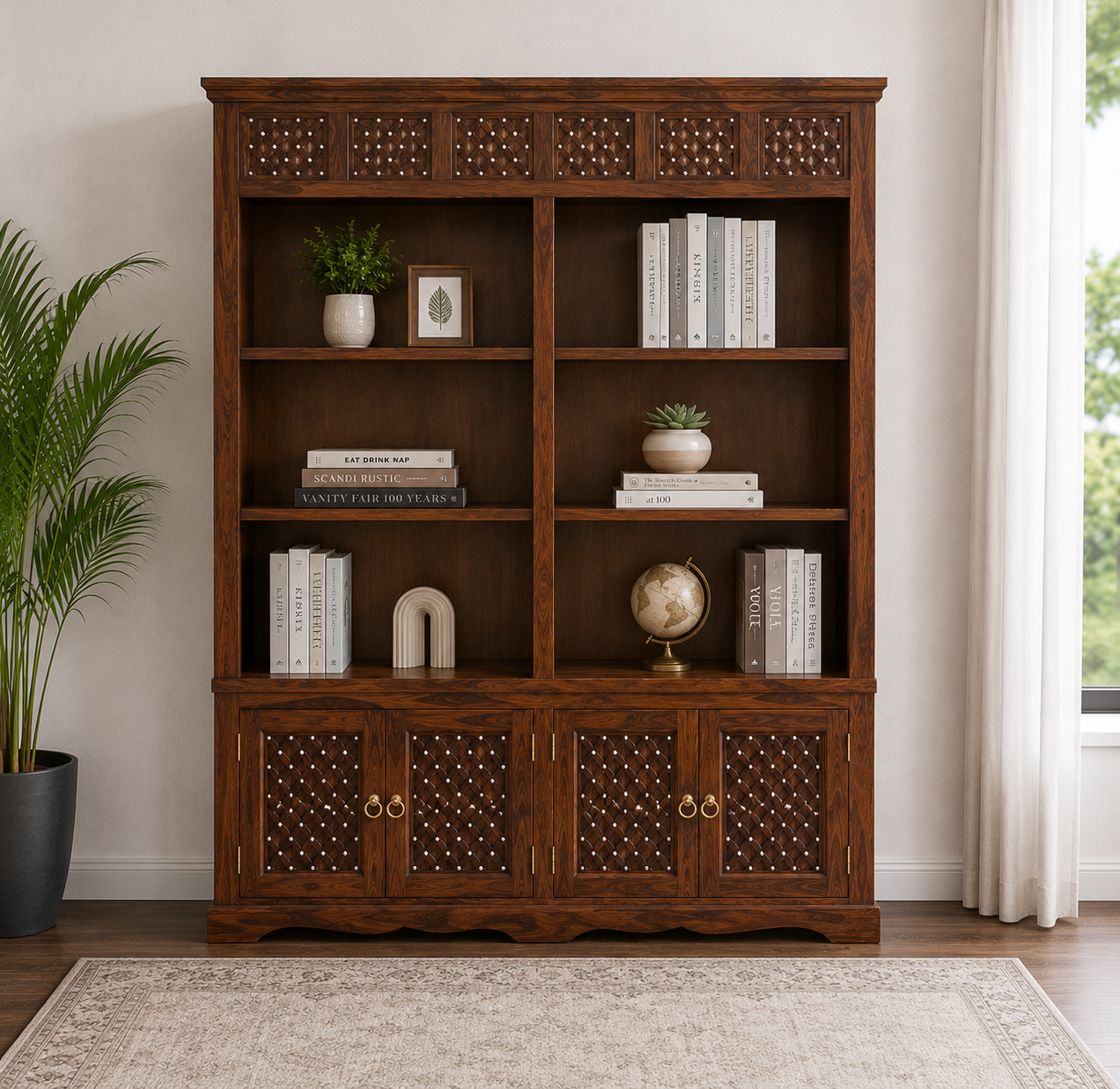 The RJ Art premium Sheesham wood bookshelf with six open display shelves, four-door storage cabinet, decorative handcrafted panels, and walnut finish.