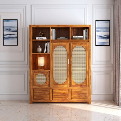 The RJ Art Sheesham Wood Bookshelf Cabinet with Cane Doors, Open Shelves and Storage Drawers