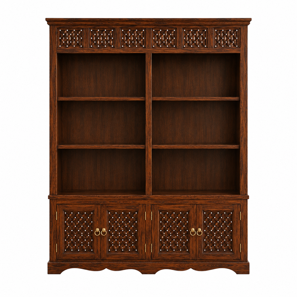The RJ Art premium Sheesham wood bookshelf with six open display shelves, four-door storage cabinet, decorative handcrafted panels, and walnut finish.