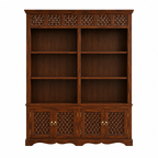 The RJ Art premium Sheesham wood bookshelf with six open display shelves, four-door storage cabinet, decorative handcrafted panels, and walnut finish.