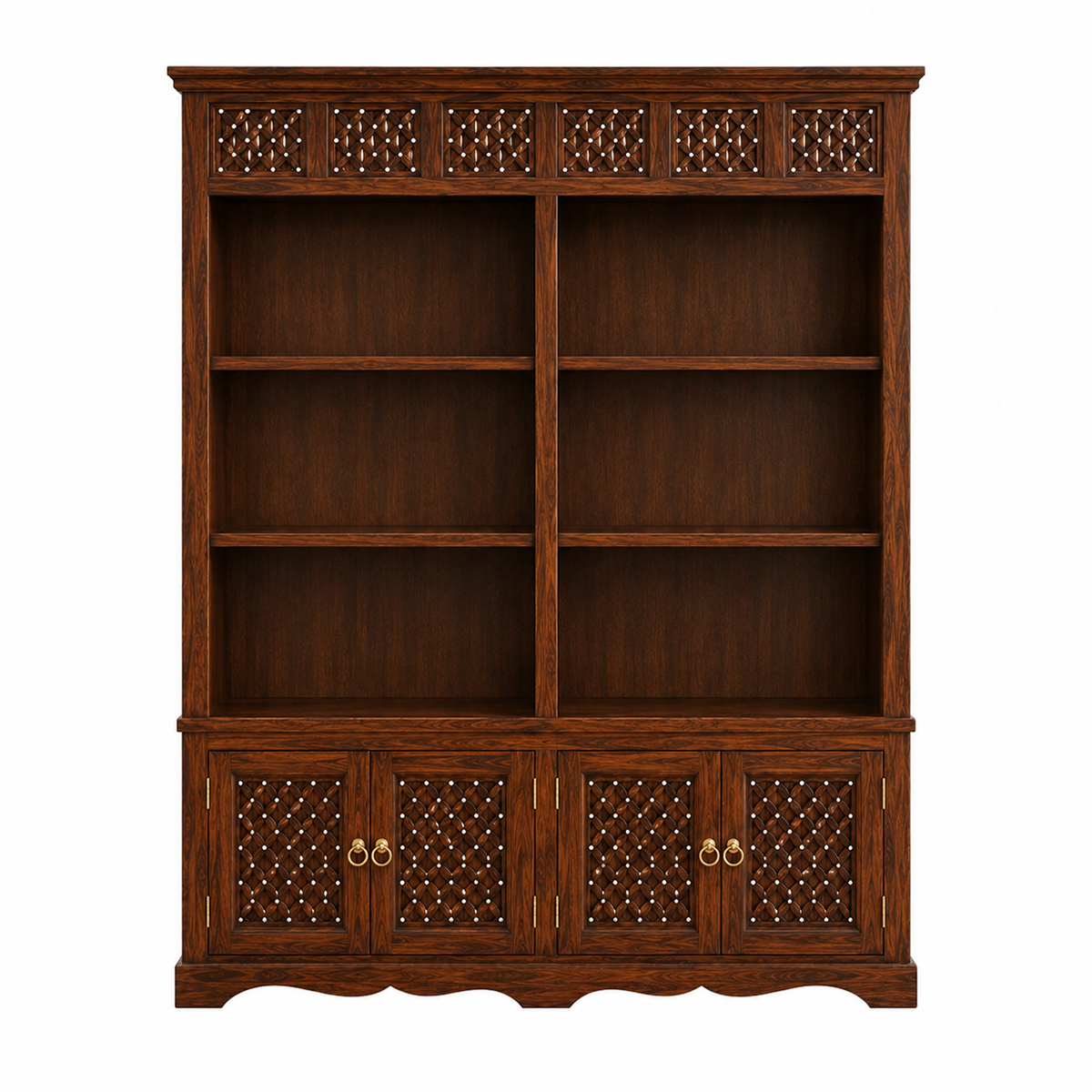 The RJ Art premium Sheesham wood bookshelf with six open display shelves, four-door storage cabinet, decorative handcrafted panels, and walnut finish.
