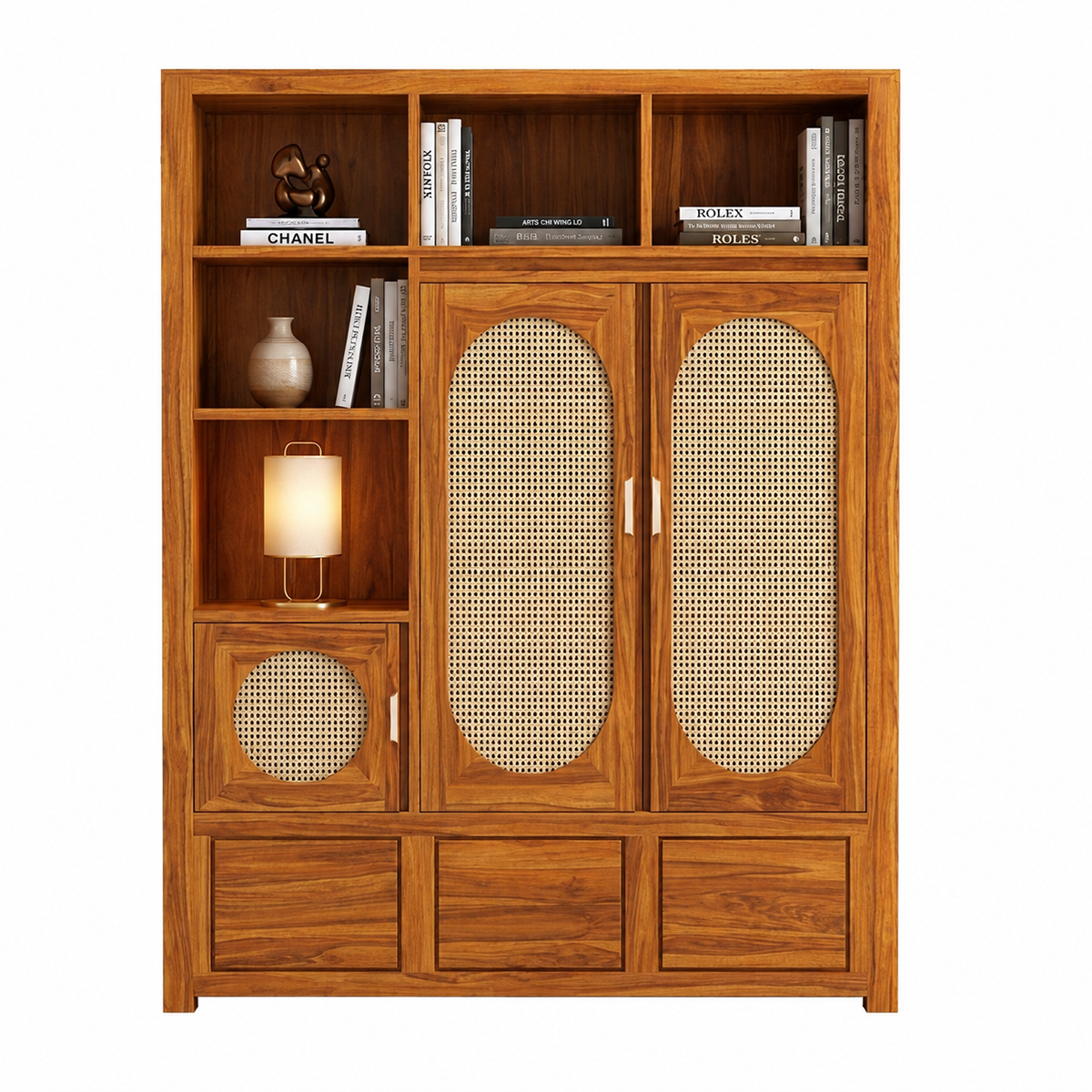 The RJ Art Sheesham Wood Bookshelf Cabinet with Cane Doors, Open Shelves and Storage Drawers