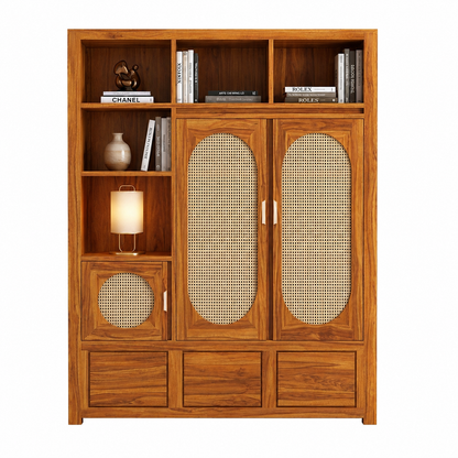 The RJ Art Sheesham Wood Bookshelf Cabinet with Cane Doors, Open Shelves and Storage Drawers