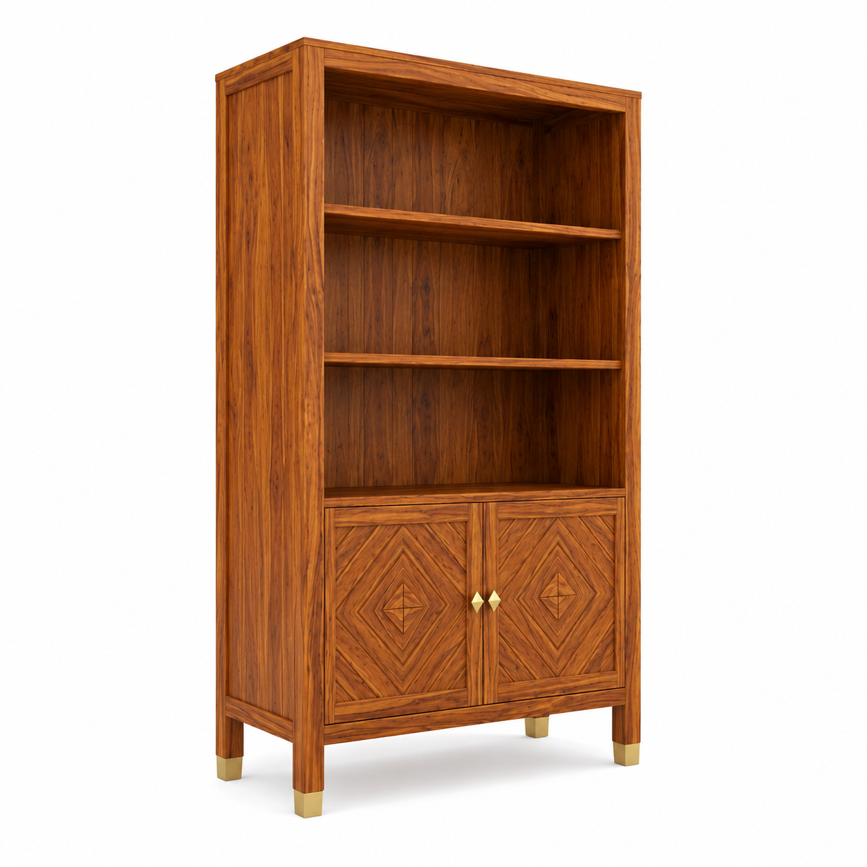 Wooden Rattan Bookshelf Cabinet with Open Shelves and Storage
