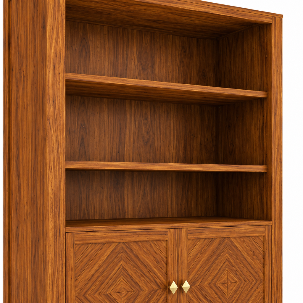 Wooden Rattan Bookshelf Cabinet with Open Shelves and Storage
