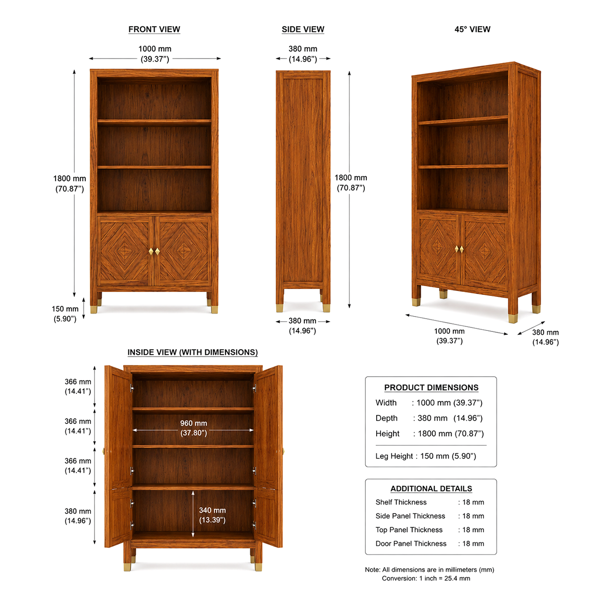 Rjart Designer Bookshelf Cabinet With Diamond Pattern Doors