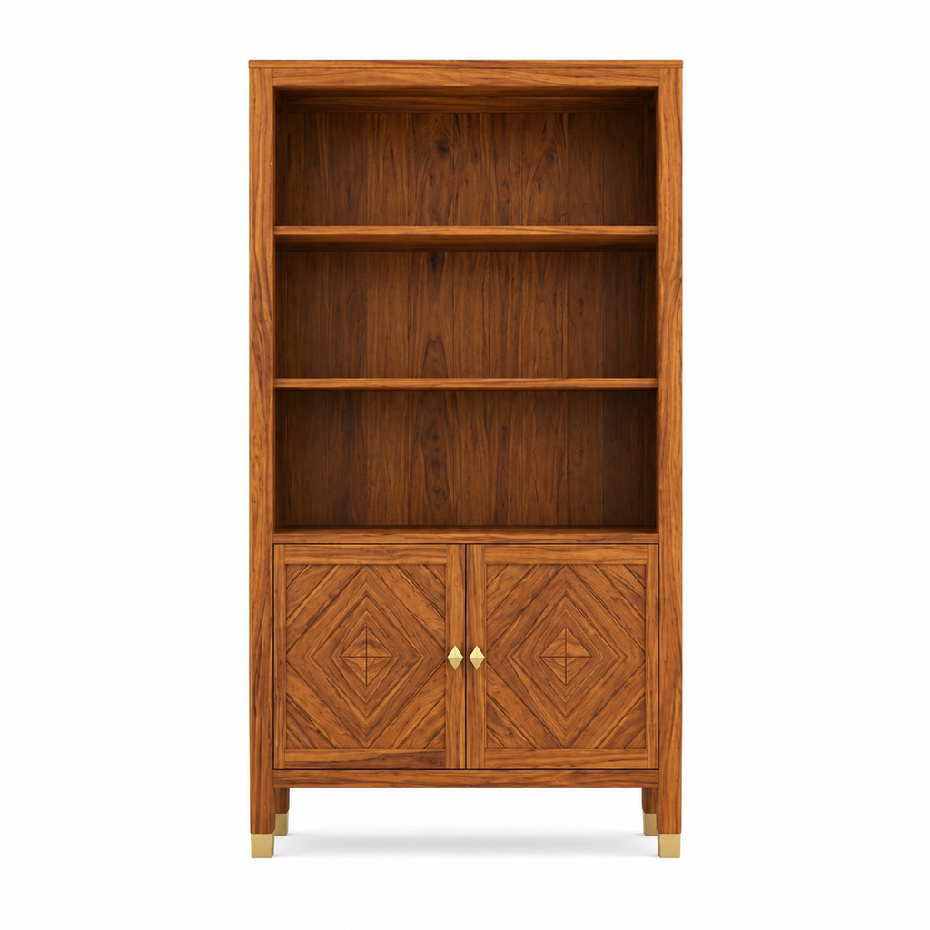 Wooden Rattan Bookshelf Cabinet with Open Shelves and Storage
