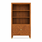 Wooden Rattan Bookshelf Cabinet with Open Shelves and Storage
