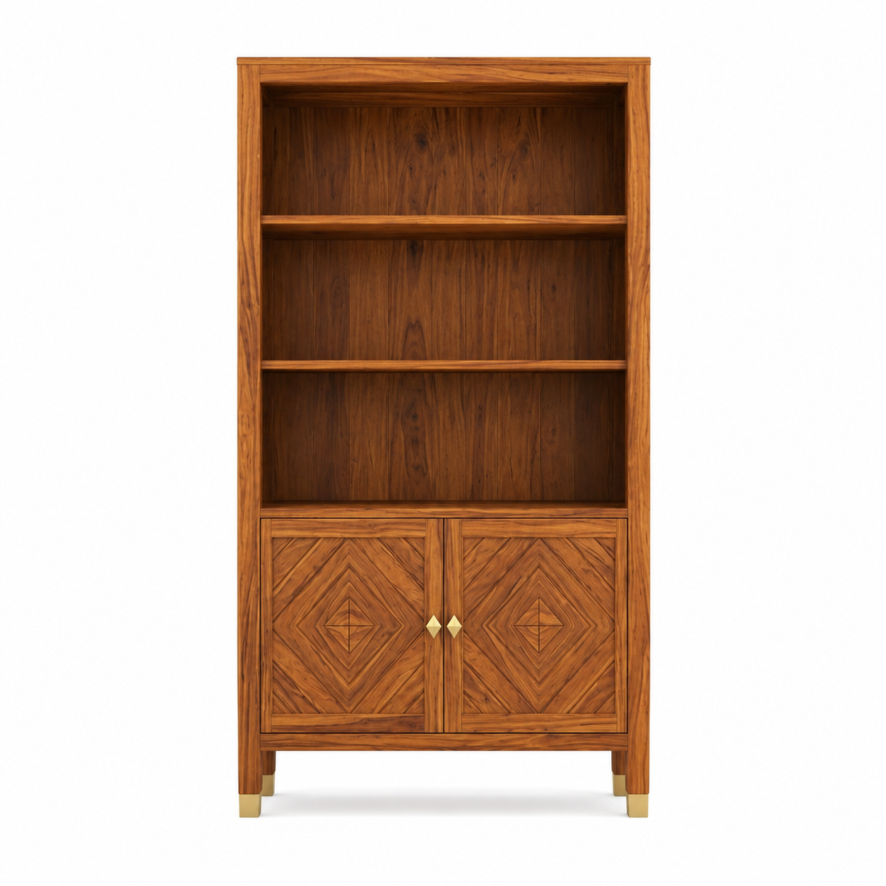 Wooden Rattan Bookshelf Cabinet with Open Shelves and Storage
