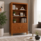 Wooden Rattan Bookshelf Cabinet with Open Shelves and Storage
