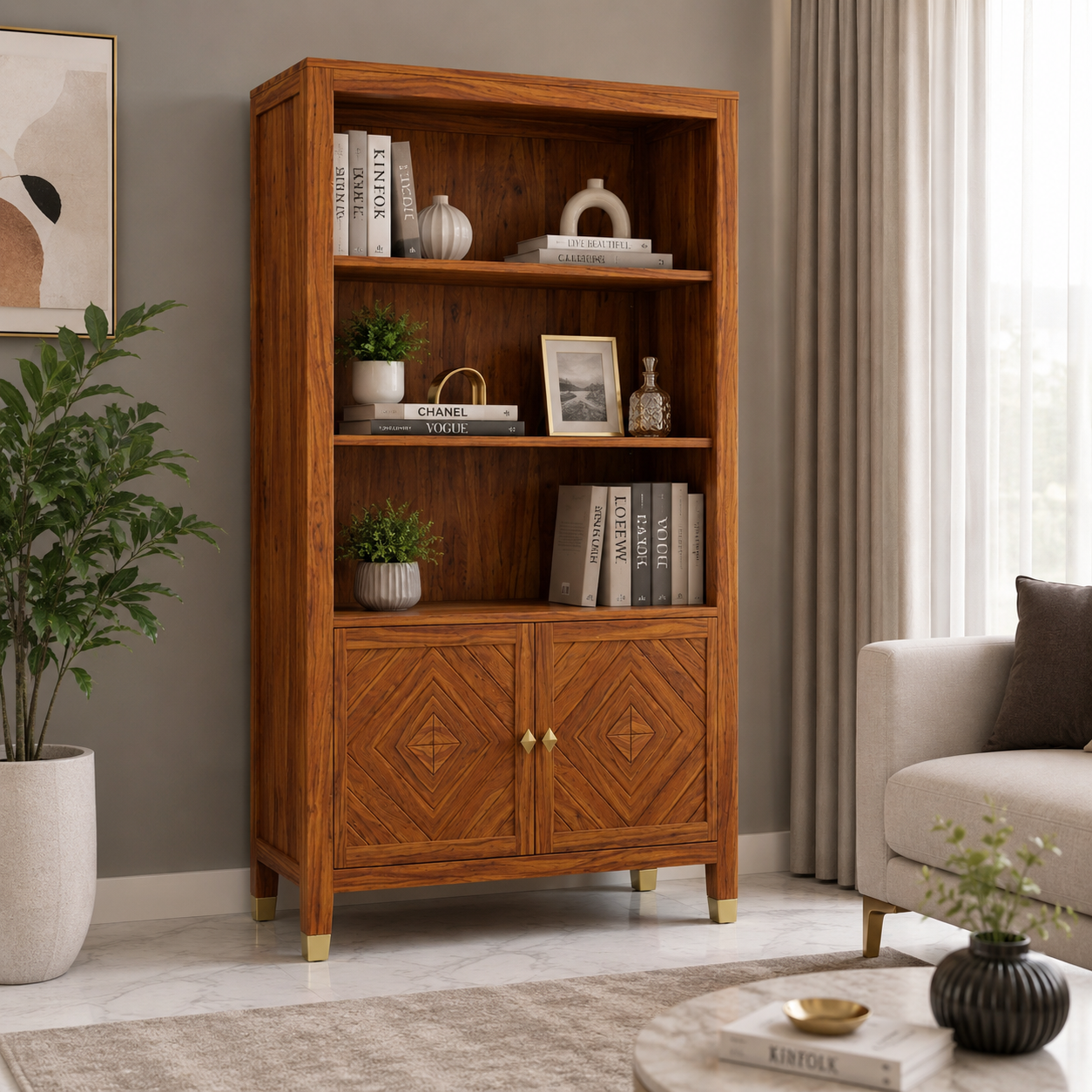 Wooden Rattan Bookshelf Cabinet with Open Shelves and Storage

