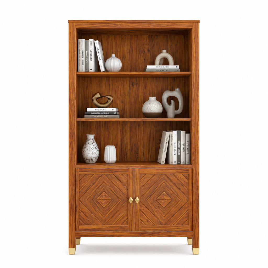 Wooden Rattan Bookshelf Cabinet with Open Shelves and Storage
