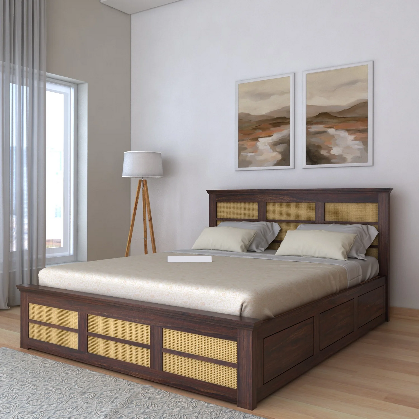 Cayden Sheesham Cane Bed With Box Storage Bed - 3 Years Warranty