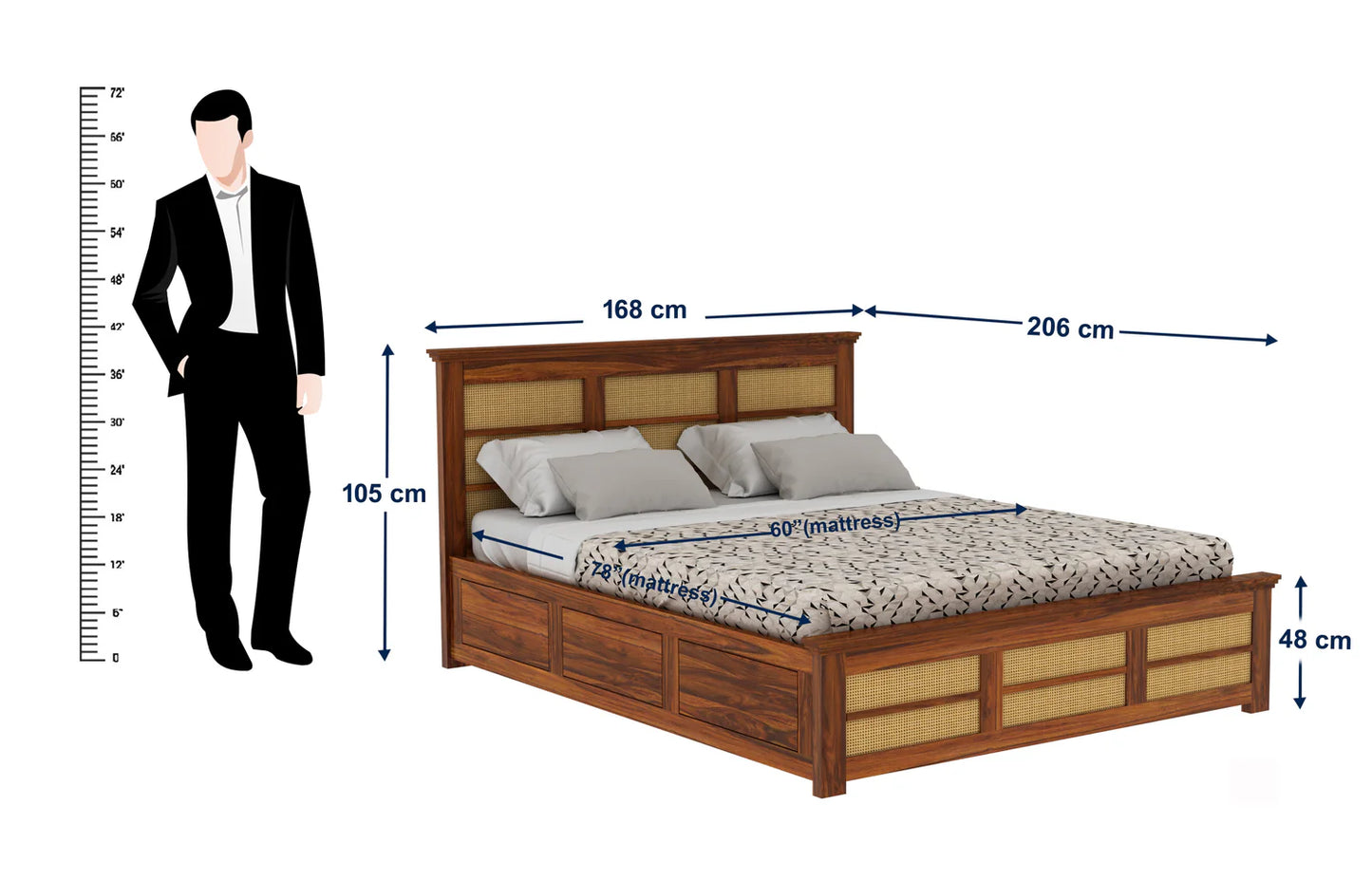 Cayden Sheesham Cane Bed With Box Storage Bed - 3 Years Warranty