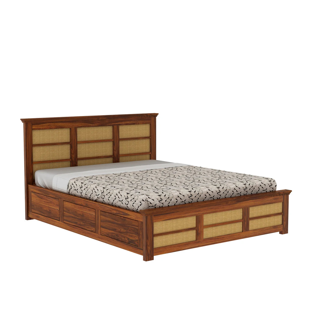 Cayden Solid Sheesham Wood Cane Bed With Box Storage Bed - 3 Years Warranty