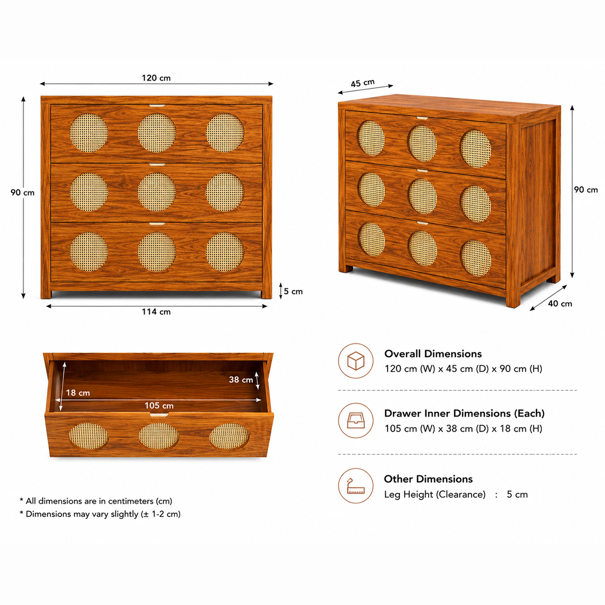 The RJ Art Sheesham Wood Chest of Drawers with Cane Panel Design and Spacious Storage Drawers