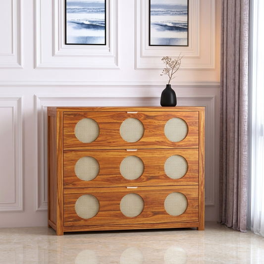 The RJ Art Sheesham Wood Chest of Drawers with Cane Panel Design and Spacious Storage Drawers