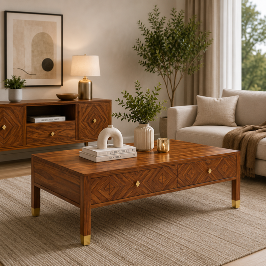 Luxury Wooden Coffee Table with Storage Drawers and Geometric Design
