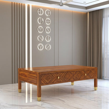 Luxury Wooden Coffee Table with Storage Drawers and Geometric Design
