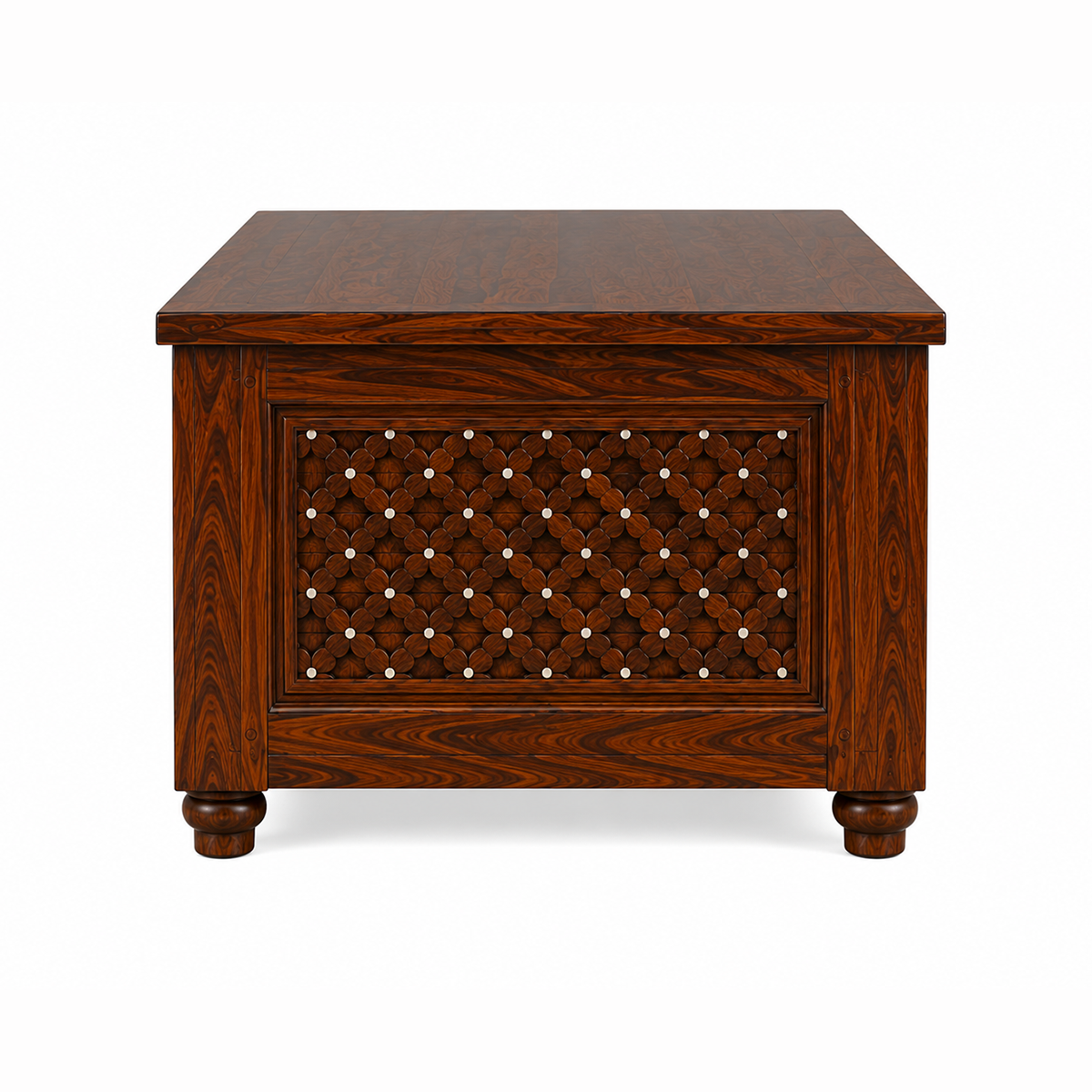 The RJ Art premium Sheesham wood coffee table with handcrafted decorative side panels, spacious tabletop, and rich walnut finish for modern living rooms.