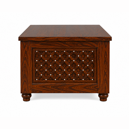 The RJ Art premium Sheesham wood coffee table with handcrafted decorative side panels, spacious tabletop, and rich walnut finish for modern living rooms.