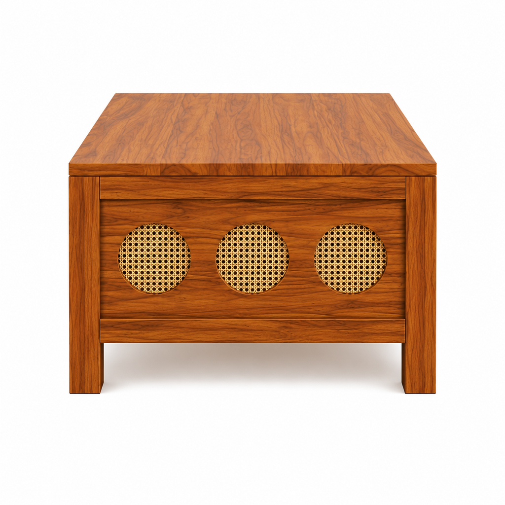 The RJ Art Sheesham Wood Coffee Table with Decorative Cane Panel Accents and Spacious Tabletop