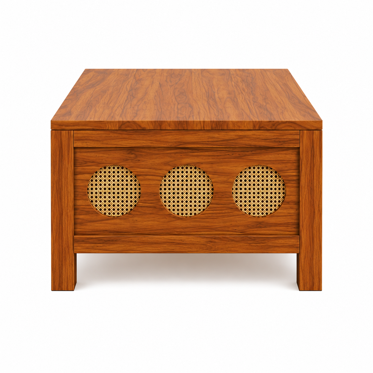 The RJ Art Sheesham Wood Coffee Table with Decorative Cane Panel Accents and Spacious Tabletop