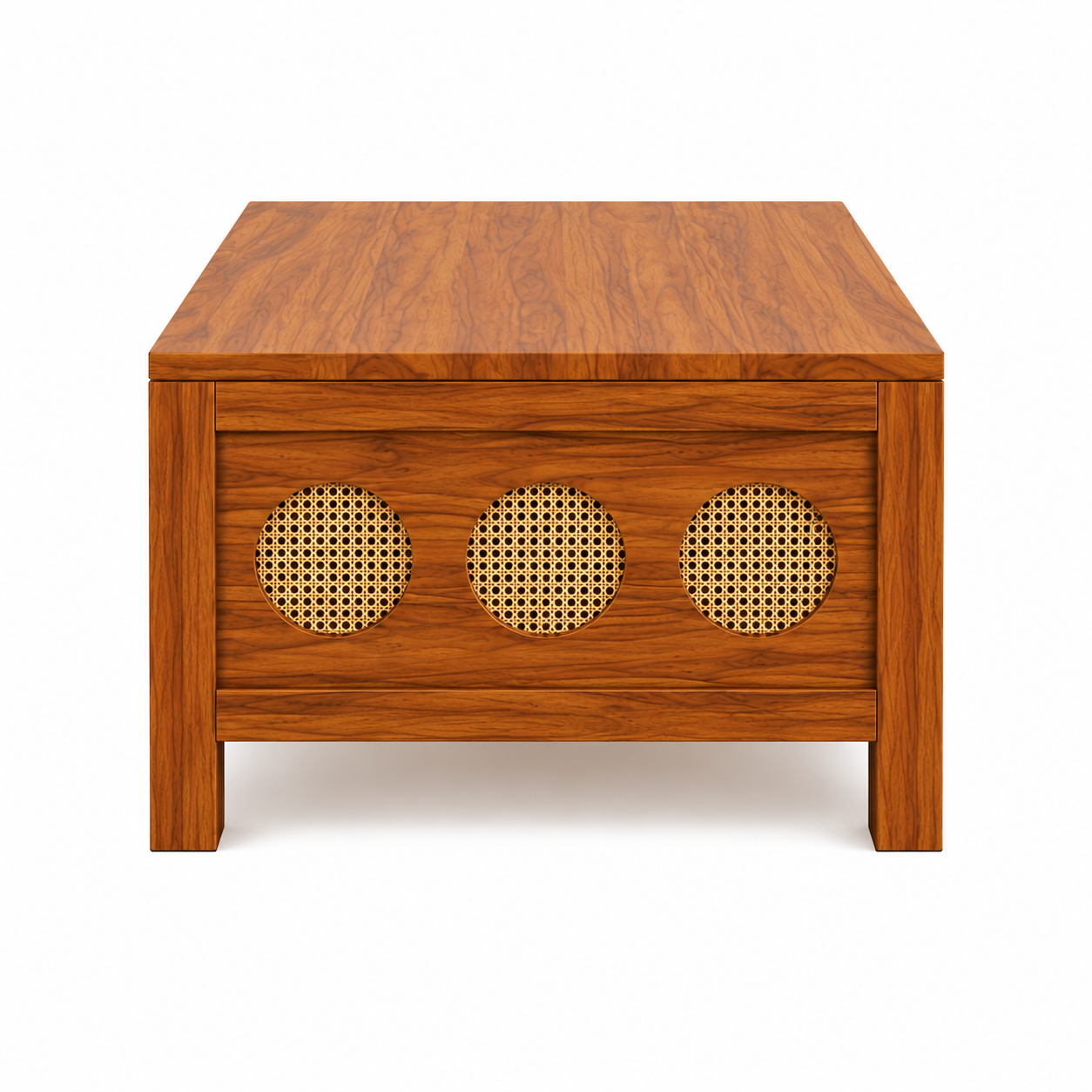 The RJ Art Sheesham Wood Coffee Table with Decorative Cane Panel Accents and Spacious Tabletop