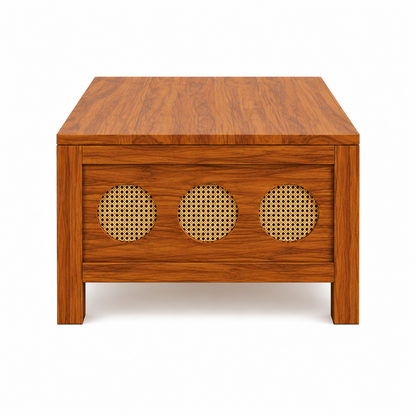 The RJ Art Sheesham Wood Coffee Table with Decorative Cane Panel Accents and Spacious Tabletop