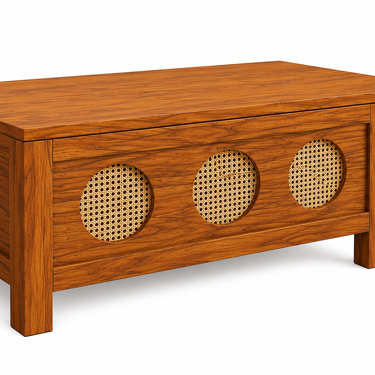 The RJ Art Sheesham Wood Coffee Table with Decorative Cane Panel Accents and Spacious Tabletop