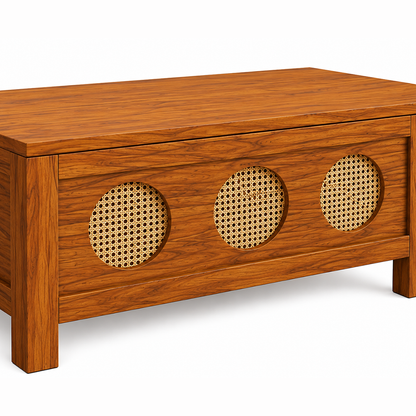 The RJ Art Sheesham Wood Coffee Table with Decorative Cane Panel Accents and Spacious Tabletop