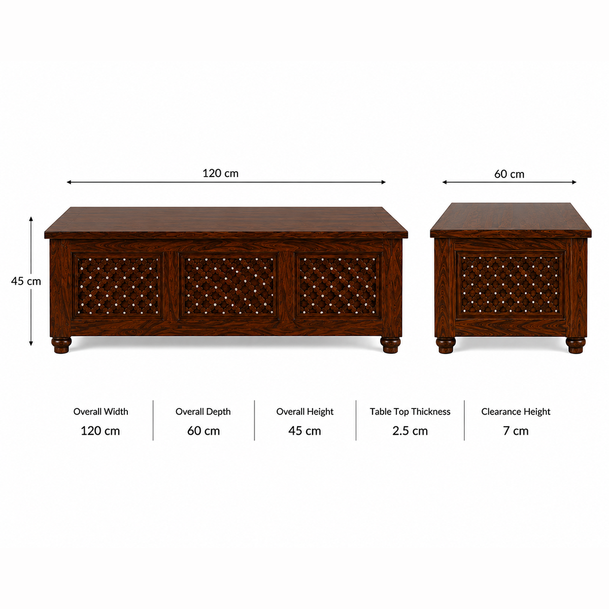The RJ Art premium Sheesham wood coffee table with handcrafted decorative side panels, spacious tabletop, and rich walnut finish for modern living rooms.