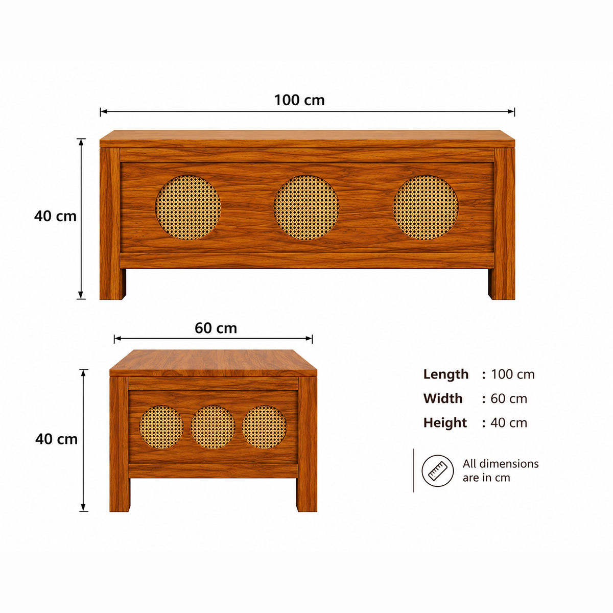 The RJ Art Sheesham Wood Coffee Table with Decorative Cane Panel Accents and Spacious Tabletop