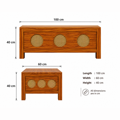 The RJ Art Sheesham Wood Coffee Table with Decorative Cane Panel Accents and Spacious Tabletop