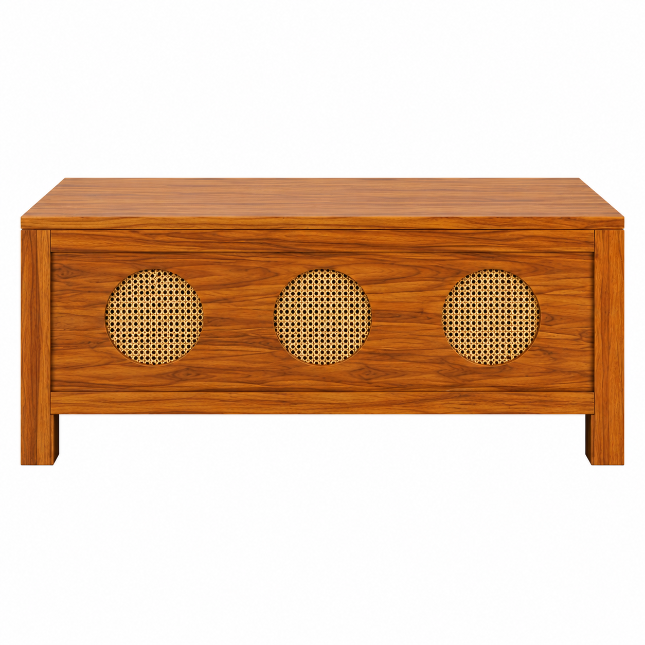 The RJ Art Sheesham Wood Coffee Table with Decorative Cane Panel Accents and Spacious Tabletop