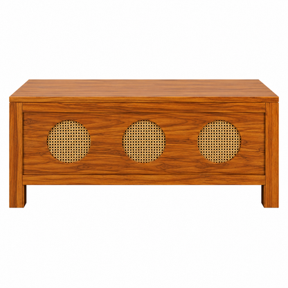 The RJ Art Sheesham Wood Coffee Table with Decorative Cane Panel Accents and Spacious Tabletop