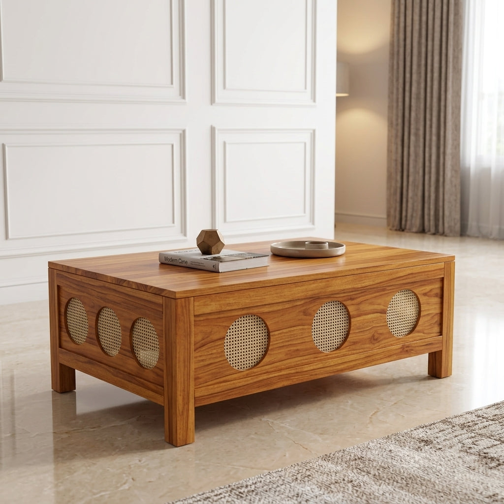 The RJ Art Sheesham Wood Coffee Table with Decorative Cane Panel Accents and Spacious Tabletop