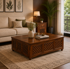 The RJ Art premium Sheesham wood coffee table with handcrafted decorative side panels, spacious tabletop, and rich walnut finish for modern living rooms.