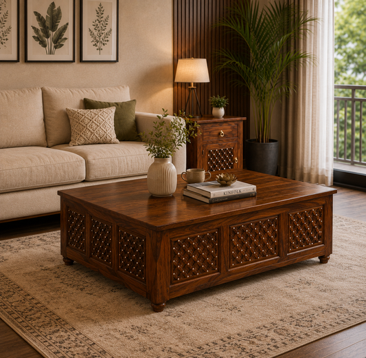 The RJ Art premium Sheesham wood coffee table with handcrafted decorative side panels, spacious tabletop, and rich walnut finish for modern living rooms.