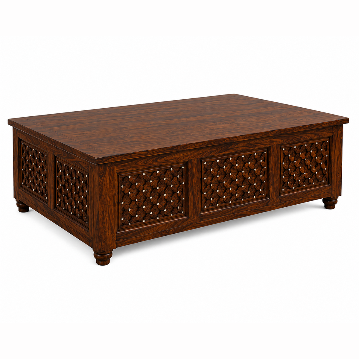 The RJ Art premium Sheesham wood coffee table with handcrafted decorative side panels, spacious tabletop, and rich walnut finish for modern living rooms.