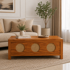 The RJ Art Sheesham Wood Coffee Table with Decorative Cane Panel Accents and Spacious Tabletop