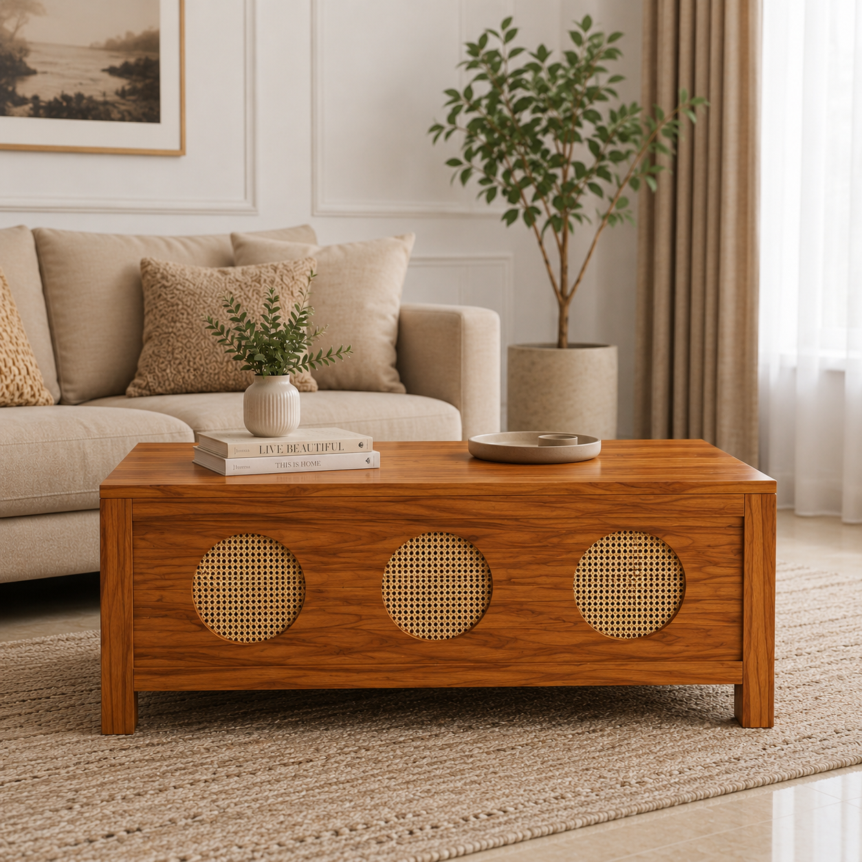 The RJ Art Sheesham Wood Coffee Table with Decorative Cane Panel Accents and Spacious Tabletop
