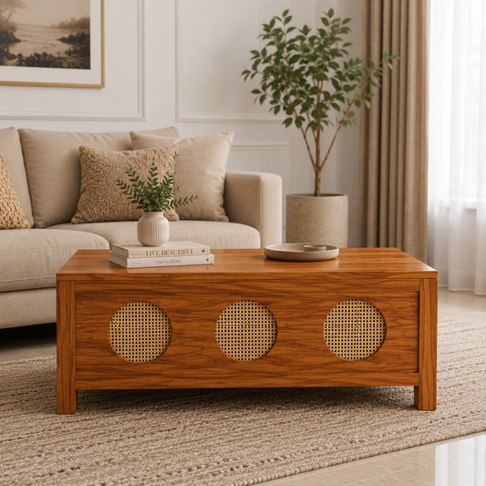 The RJ Art Sheesham Wood Coffee Table with Decorative Cane Panel Accents and Spacious Tabletop