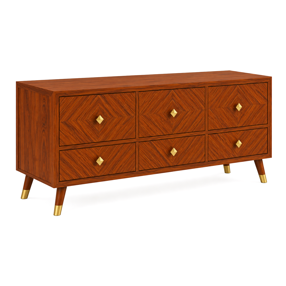 Wooden Console Table with 6 Drawers and Diamond Pattern Design
